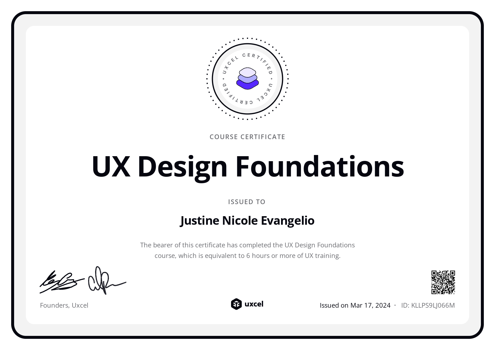 Justine Nicole Evangelio's certificate